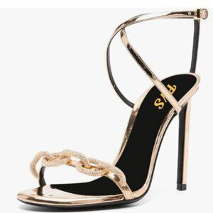 FYS Gold Chain Open Toe Sandals Cross Strap Stiletto High Heels Sexy Party Shoes